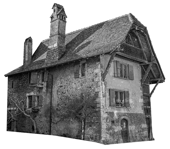 Maison bernoise traditionnelle en pierre avec toit à pans et volets rouges, ancienne bâtisse rurale