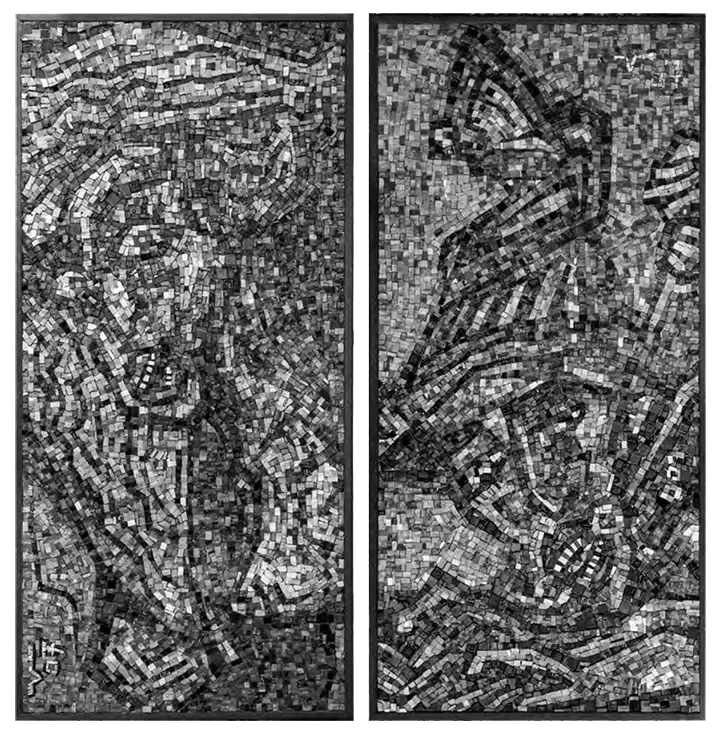 Deux œuvres en mosaïque de Bernard Viglino, en noir et blanc