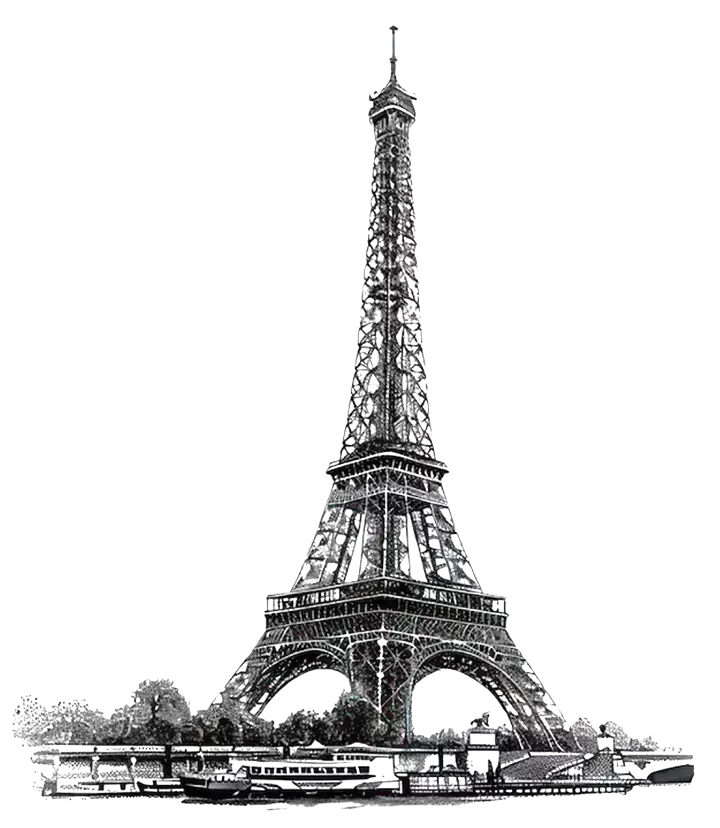Illustration en dessin de la Tour Eiffel à Paris, vue en noir et blanc